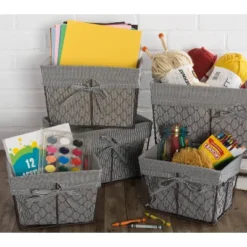 Design Imports Set Of 5 Rustic Bronze Chicken Wire Ticking Stripe Liner Baskets Black/White -Home Storage Store GUEST 03cdbf72 8ead 4869 9e1a e59f34f92024