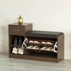 Basicwise Wooden Entryway Shoe Storage Bench With Cushion, Brown -Home Storage Store GUEST 03fccf4b 7a39 4ab4 9df5 ed55585ecfb6