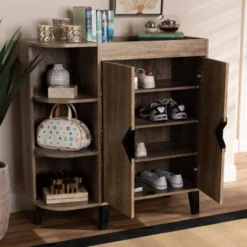 2 Door Wales Oak Wood Shoe Cabinet With Open Shelves Brown/Black - Baxton Studio -Home Storage Store GUEST 0c629d73 d616 4a4f 88b1 9ea6a87d9f01