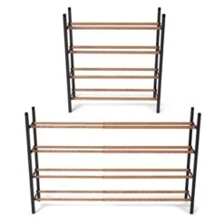 Juvale Free Standing 4 Tier 24 Pair Shoe Rack Shelf Organizer For Entryway Closet, 24"-45" Expandable, Black & Oak Grain Metal -Home Storage Store GUEST 10fc2b0c a9b9 42be 8132 1e1ecf4376d0