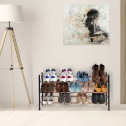 Juvale Free Standing 3 Tier 18 Pair Shoe Rack Shelf Organizer For Entryway Closet, 24"-45" Expandable, Black & Oak Grain Metal 15 Juvale Free Standing 3 Tier 18 Pair Shoe Rack Shelf Organizer For Entryway Closet, 24"-45" Expandable, Black & Oak Grain Metal -Home Storage Store GUEST 2a4f2052 1821 4233 a8bd 23ba582ee6e6