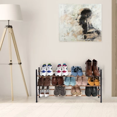 Juvale Free Standing 3 Tier 18 Pair Shoe Rack Shelf Organizer For Entryway Closet, 24"-45" Expandable, Black & Oak Grain Metal 8 Juvale Free Standing 3 Tier 18 Pair Shoe Rack Shelf Organizer For Entryway Closet, 24"-45" Expandable, Black & Oak Grain Metal - Image 8
