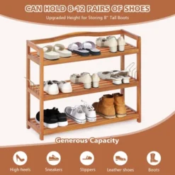 Costway 3-Tier Wood Shoe Rack Solid Acacia Wood Shoe Shelf With Side Metal Hooks -Home Storage Store GUEST 3befcc64 7340 4600 bc8f 405f0b6c70c2