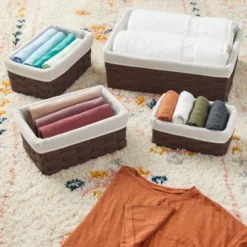 Juvale 5-Pcs Brown Small Rectangular Woven Nesting Baskets, Lined Wicker Set For Organizing Closet, Kitchen, Pantry Shelves, Bathroom (3 Sizes) -Home Storage Store GUEST 5ff4cee3 905b 4bab a93e c95470ef2d66