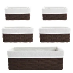 Juvale 5-Pcs Brown Small Rectangular Woven Nesting Baskets, Lined Wicker Set For Organizing Closet, Kitchen, Pantry Shelves, Bathroom (3 Sizes) -Home Storage Store GUEST 6df810a6 dc4e 4601 a26d e75c1d8d348e