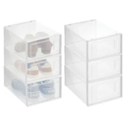 MDesign Plastic Stackable Closet Shoe Storage Box, Side Opening, Clear