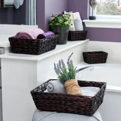 Household Essentials Set Of 4 Hyacinth Stained Baskets Brown