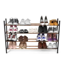 Juvale Free Standing 4 Tier 24 Pair Shoe Rack Shelf Organizer For Entryway Closet, 24"-45" Expandable, Black & Oak Grain Metal -Home Storage Store GUEST c018cc14 38a9 4588 801d a31321de9dca