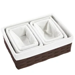 Juvale 5-Pcs Brown Small Rectangular Woven Nesting Baskets, Lined Wicker Set For Organizing Closet, Kitchen, Pantry Shelves, Bathroom (3 Sizes) -Home Storage Store GUEST c548413e 242a 4a27 ab9f c6cdded81393