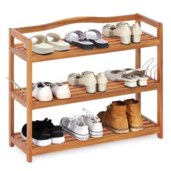 Costway 3-Tier Wood Shoe Rack Solid Acacia Wood Shoe Shelf With Side Metal Hooks -Home Storage Store GUEST cd2dcfb8 c4d6 4a4e 84a1 aa53899c797f