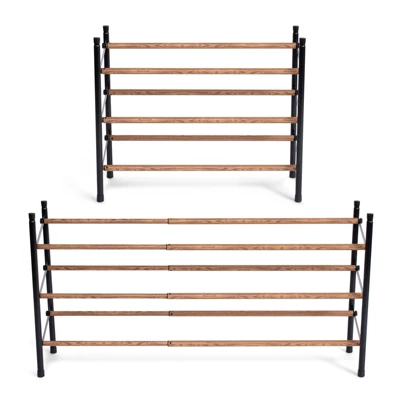 Juvale Free Standing 3 Tier 18 Pair Shoe Rack Shelf Organizer For Entryway Closet, 24"-45" Expandable, Black & Oak Grain Metal 5 Juvale Free Standing 3 Tier 18 Pair Shoe Rack Shelf Organizer For Entryway Closet, 24"-45" Expandable, Black & Oak Grain Metal - Image 5