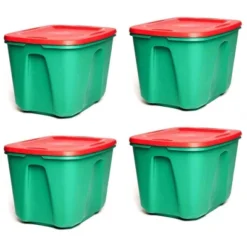 HOMZ 6618MXDC.04 18 Gallon Stackable And Nestable Heavy Duty Plastic Holiday Storage Container With 4 Way Handles, Green/Red, (4 Pack)