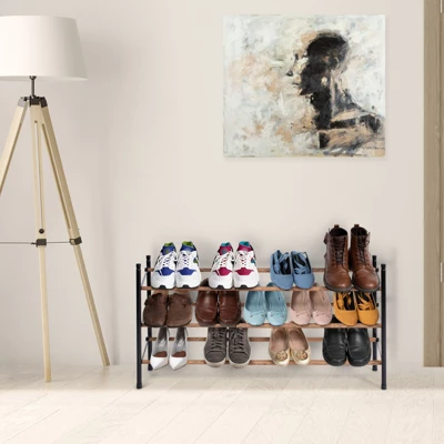 Juvale Free Standing 3 Tier 18 Pair Shoe Rack Shelf Organizer For Entryway Closet, 24"-45" Expandable, Black & Oak Grain Metal 2 Juvale Free Standing 3 Tier 18 Pair Shoe Rack Shelf Organizer For Entryway Closet, 24"-45" Expandable, Black & Oak Grain Metal - Image 2