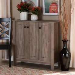Derek Finished Wood 3 Door Shoe Cabinet Oak - Baxton Studio -Home Storage Store GUEST fa2d856a 9fcc 4768 8872 8e204b59bcf5