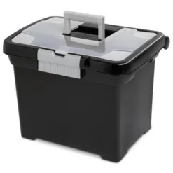 Sterilite Portable Lockable File Box W/ Extra Compartment, Built-In Handle & Titanium Gray Latches, Black Base & Clear Lid (4 Pack)