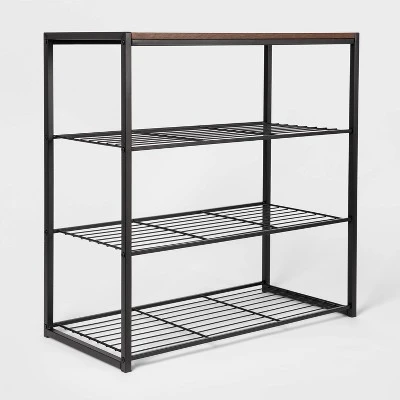 4 Tier Shoe Rack Black Metal With Walnut Wood - Brightroom™ 2 4 Tier Shoe Rack Black Metal With Walnut Wood - Brightroom™ - Image 2